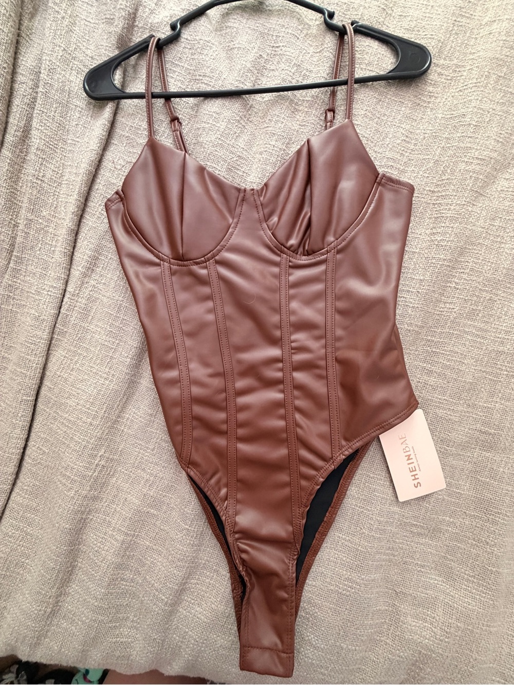 SHEIN Brown Faux Leather Corset Bodysuit